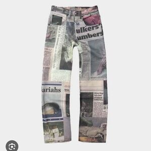 Serapis newspaper printed wide leg jeans
